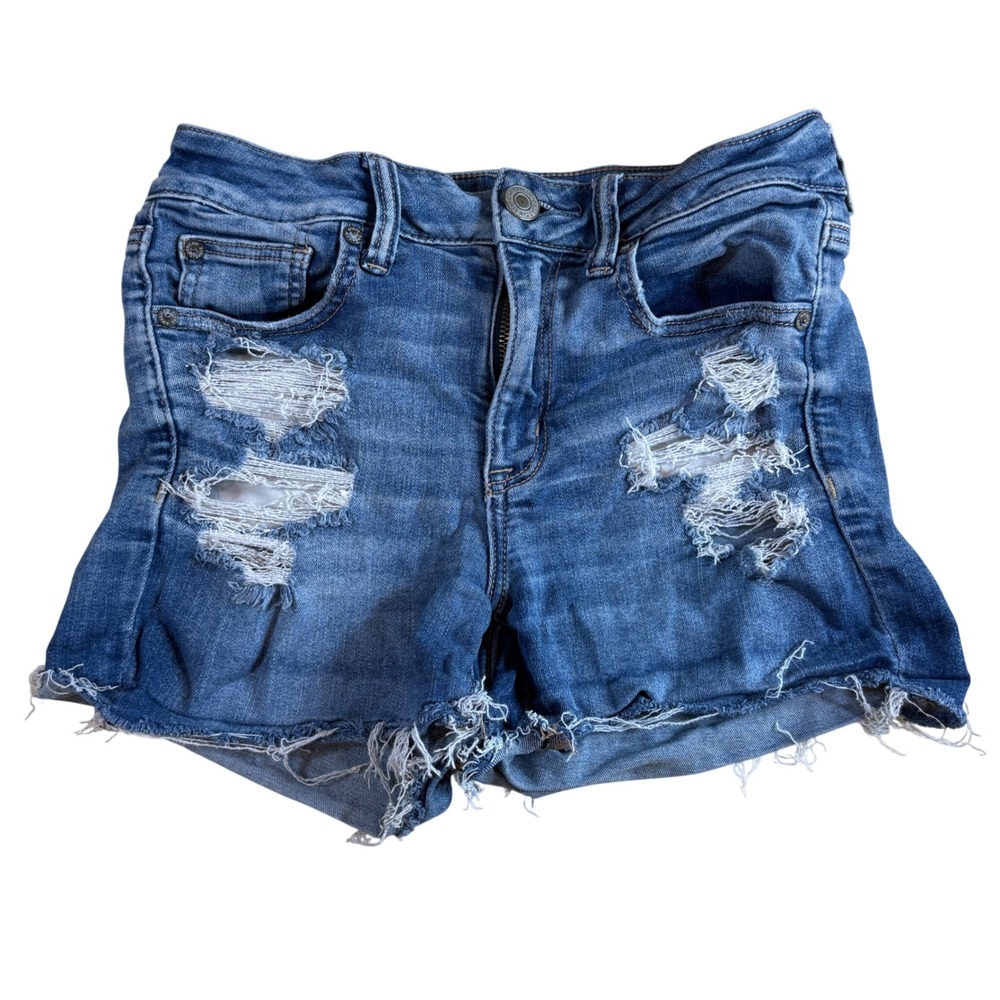 Y2K American Eagle Hi-Rise Shortie Distressed Denim Shorts Blue Women's Size 4‎
